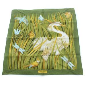 プリント 小判 スカーフ 鳥 蝶 イタリア製 コットン カーキ