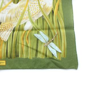 Salvatore Ferragamo プリント 小判 スカーフ 鳥 蝶 イタリア製 コットン カーキ