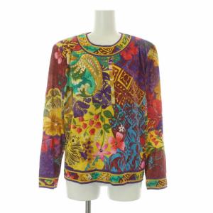 総柄 花柄 プリント カットソー 長袖 L ウール シルク混 絹混 マルチカラー