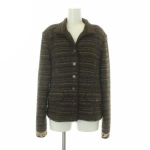 ボーダー ツイード ショールカラージャケット 部分花柄プリント モヘヤ混 ウール混 シルク混 LL 大きいサイズ 茶 ブラウン