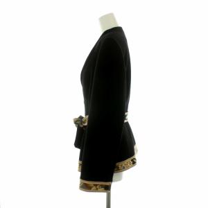 LEONARD FASHION ショールカラージャケット 部分花柄プリント ベルト紐 ウール 13 ブラック