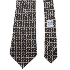 HERMES ネクタイ 総柄 チェーン シルク ブラック ブルー ベージュ