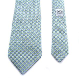 HERMES ネクタイ シルク 総柄 イルカ 青 ブルー 緑 グリーン