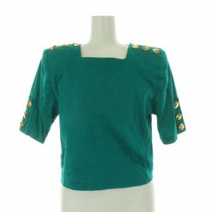 YVES SAINT LAURENT ヴィンテージ セット アップ 上下 ブラウス カットソー 五分袖 スクエアネック 金ボタン タイトスカート ひざ丈 M 9