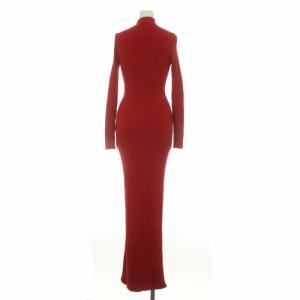 BALMAIN ハイネック リブニットワンピース ロング マキシ丈 長袖 金ボタン ウール 36 S レッド