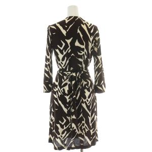 DIANE von FURSTENBERG ワンピース ひざ丈 七分袖 総柄 絹 シルク 4 M 茶 ブラウン