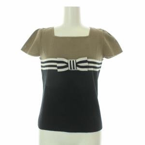 カットソー ニット 半袖 リボン ライン 38 M グレージュ 紺 ネイビー