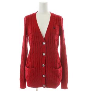 ニット セーター カーディガン ケーブル ワンポイント ロゴ 刺繍 長袖 S レッド