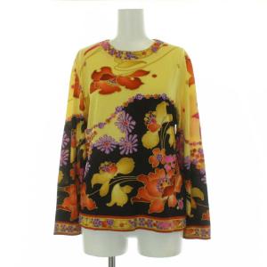 FASHION 花柄 プリント カットソー 長袖 ウール 絹混 シルク混 M 黄 イエロー マルチカラー