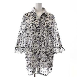 ブラウス シャツ 7分袖 スキッパー 花柄 フラワー シアー シースルー 9 M グレー 白 ホワイト 黒 ブラック