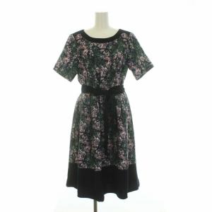 近年モデル 花柄 プリント ワンピース 半袖 ロング ミモレ丈 リボン 9 M 紺 ネイビー ピンク