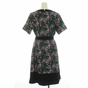 Leilian 近年モデル 花柄 プリント ワンピース 半袖 ロング ミモレ丈 リボン 9 M 紺 ネイビー ピンク