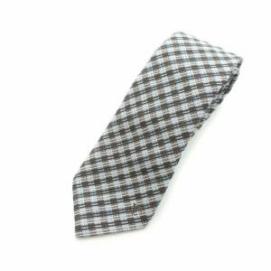 チェック ネクタイ LVロゴ 刺繍 イタリア製 シルク 絹 青 ブルー 茶 ブラウン