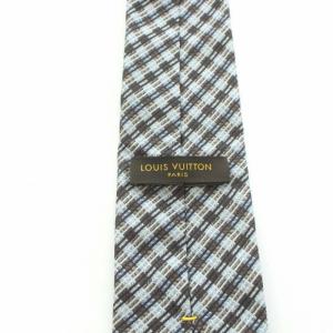 LOUIS VUITTON チェック ネクタイ LVロゴ 刺繍 イタリア製 シルク 絹 青 ブルー 茶 ブラウン