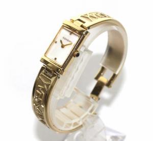 YVES SAINT LAURENT 腕時計 クォーツ スクエア シェル文字盤 ロゴバンド ゴール