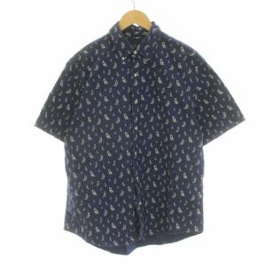 ヨット柄 ボタンダウン シャツ 半袖 L 青 ブルー 白 ホワイト