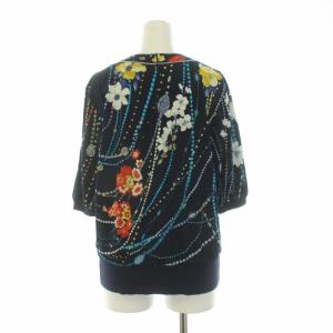 LEONARD 花柄 カットソー 七分袖 プリント L 紺 ネイビー マルチカラー