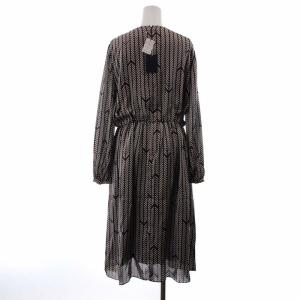 Aquascutum ワンピース ひざ丈 長袖 総柄 クルーネック 8 M ネイビー 白 ホワイト ベージュ