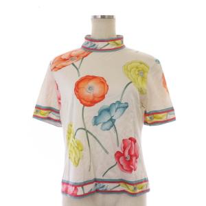 花柄 カットソー モックネック 半袖 M 白 ホワイト マルチカラー