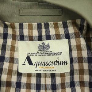 Aquascutum ステンカラーコート ロング 裏地チェック 英国製 カーキ