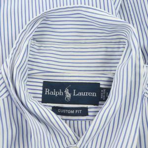 RALPH LAUREN CUSTOM FIT ボタンダウンシャツ 半袖 ストライプ ロゴ刺繍 コットン L 青 ブルー