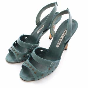 MANOLO BLAHNIK サンダル パンプス ストラップ ヒール スタッズ レザー 38.5 24.5cm 緑 グリーン