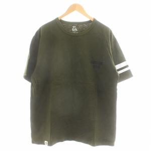 桃太郎ジーンズ MOMOTARO JEANS Tシャツ カットソー 半袖 ライン クルーネック バックプリント XXL カーキ