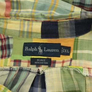 RALPH LAUREN シャツ 半袖 チェック ビッグシャツ ボタンダウン パッチワーク 大きいサイズ XL 黄緑 イエローグリーン
