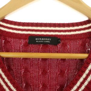 BURBERRY BLACK LABEL ニット セーター 長袖 Vネック ケーブル編み コットン ロゴ刺繍 3 赤 レッド