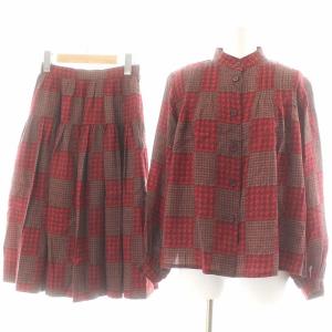 セットアップ ヴィンテージ シルク ジャケット 肩パッド ボタン ノーカラー スカート ミモレ ロング ジップフライ 千鳥柄