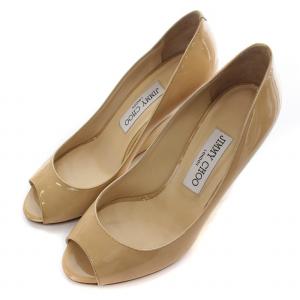 JIMMY CHOO パンプス エナメル レザー パテント ウェッジソール ハイヒール オープントゥ 36.5 23.5cm ベージュ ゴールド色