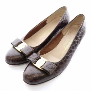 パンプス ヴァラ リボン クロコダイル型押し レザー 6C 23.5cm 茶 ブラウン