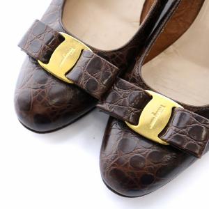 Salvatore Ferragamo パンプス ヴァラ リボン クロコダイル型押し レザー 6C 23.5cm 茶 ブラウン