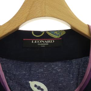 LEONARD FASHION ノーカラージャケット 花柄 金ボタン ストレッチ ヴィンテージ L 紺 ネイビー