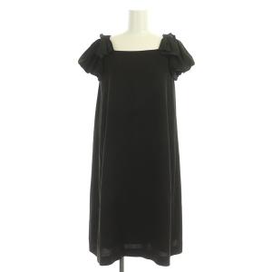 リボンショルダーワンピース 膝丈 半袖 切替 バルーンスリーブ 38 黒 ブラック