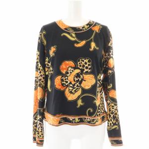 カットソー トップス 長袖 総柄 丸首 黒 ブラック オレンジ