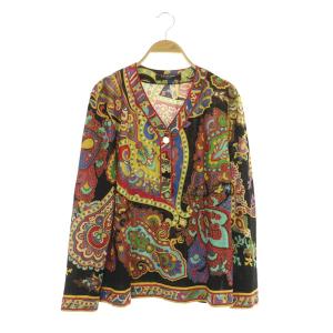 カットソー 長袖 Vネック ペイズリー柄 シルク混 大きいサイズ LL 黒 ブラック