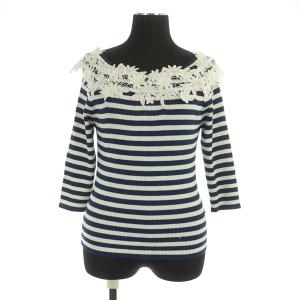 カットソー 七分袖 ボーダー 花柄レース ボートネック 38 紺 ネイビー