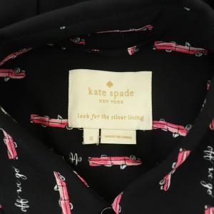 kate spade new york Hot Rod Car Print Shirt Dress シャツワンピース 膝丈 七分袖 プリント 総柄 ギャザー S 黒