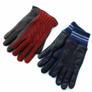 2点セット 手袋 グローブ ニット レザー 羊革 赤 レッド 青 ブルー