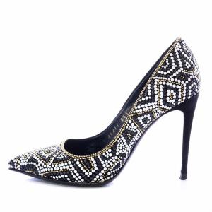 パンプス ポインテッドトゥ ピンヒール 幾何学模様 4 22cm 黒 ブラック 白 ホワイト