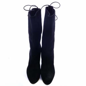 PRADA ミドルブーツ スウェード ラウンドトゥ ハイヒール 編み上げ 37 24cm 黒 ブラック