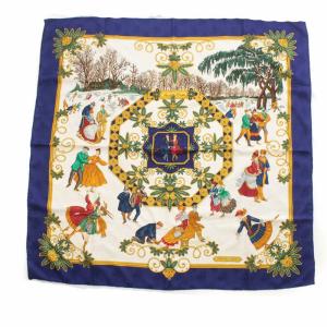 スカーフ カレ90 冬の愉しみ Joies ｄ’Hiver 絹 シルク 青 ブルー