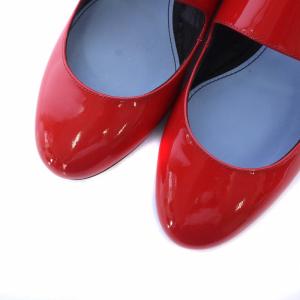 LANVIN パンプス 牛革 ラウンドトゥ チャンキーヒール ベルト 361/2 23.5cm 赤 レッド