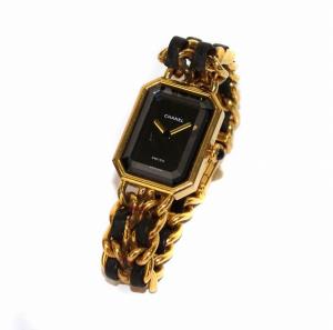 プルミエール XL 腕時計 クオーツ チェーン レザー 黒 ブラック ゴールド色