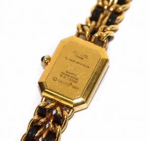 CHANEL プルミエール XL 腕時計 クオーツ チェーン レザー 黒 ブラック ゴールド色