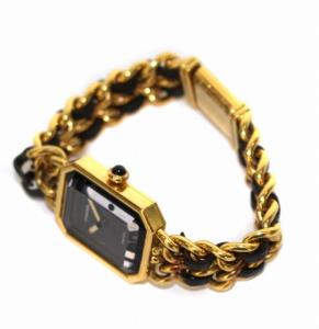 CHANEL プルミエール XL 腕時計 クオーツ チェーン レザー 黒 ブラック ゴールド色