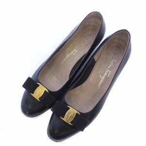 Salvatore Ferragamo ヴァラ VARA パンプス レザー ラウンドトゥ チャンキーヒール リボン 8 25.5cm 黒 ブラック