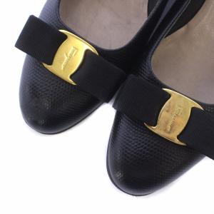 Salvatore Ferragamo ヴァラ VARA パンプス レザー ラウンドトゥ チャンキーヒール リボン 8 25.5cm 黒 ブラック