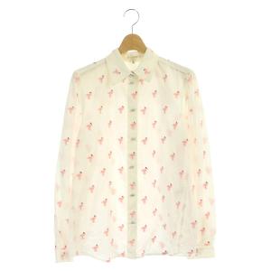 シャツ 長袖 総柄 フラミンゴ刺繍 ビジュー ラインストーン スナップボタン 0 アイボリー ピンク